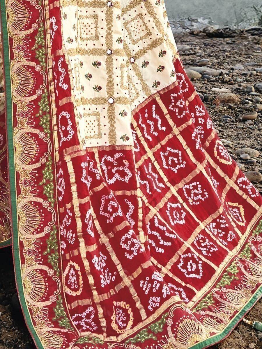 Enticing Cream Bandhani Printed Satin Festive Wear Saree With Blouse - Zeel Clothing