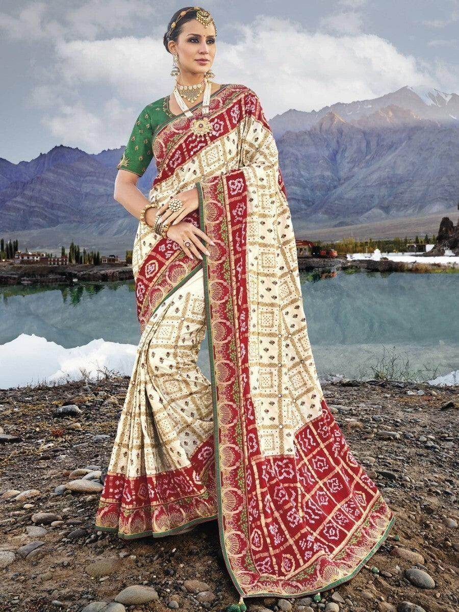 Enticing Cream Bandhani Printed Satin Festive Wear Saree With Blouse - Zeel Clothing