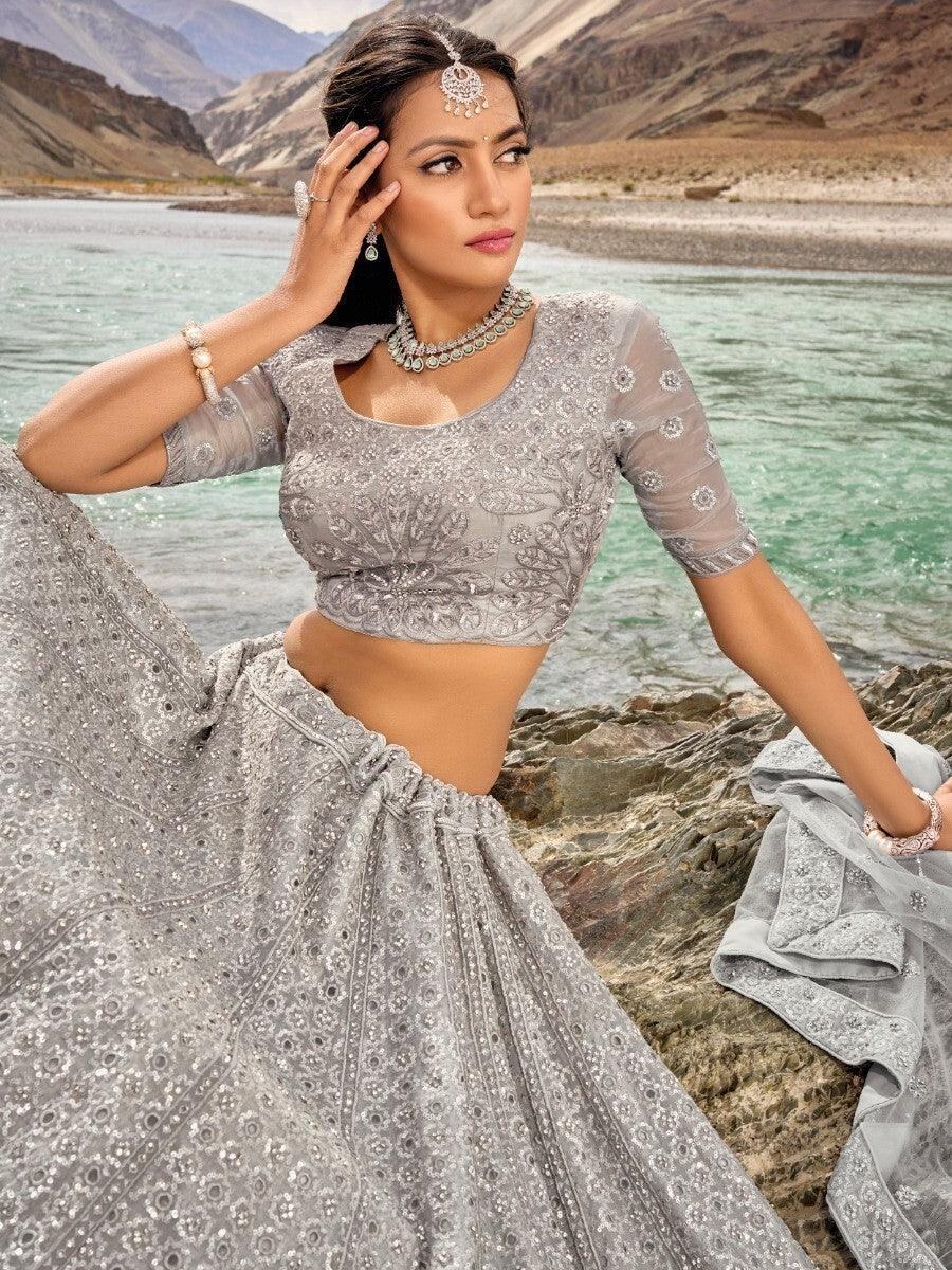 Enticing Grey Thread Work Organza Sangeet Wear Lehenga Choli