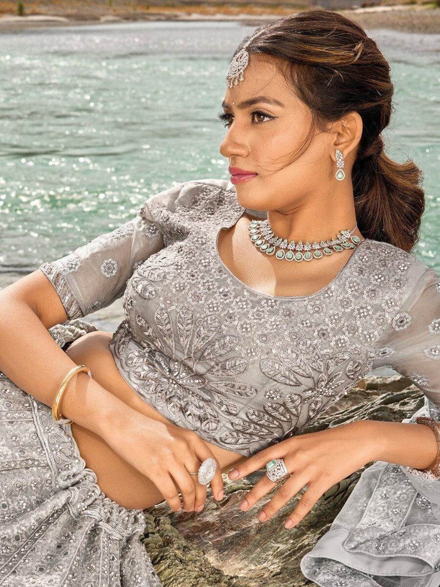 Enticing Grey Thread Work Organza Sangeet Wear Lehenga Choli - Zeel Clothing