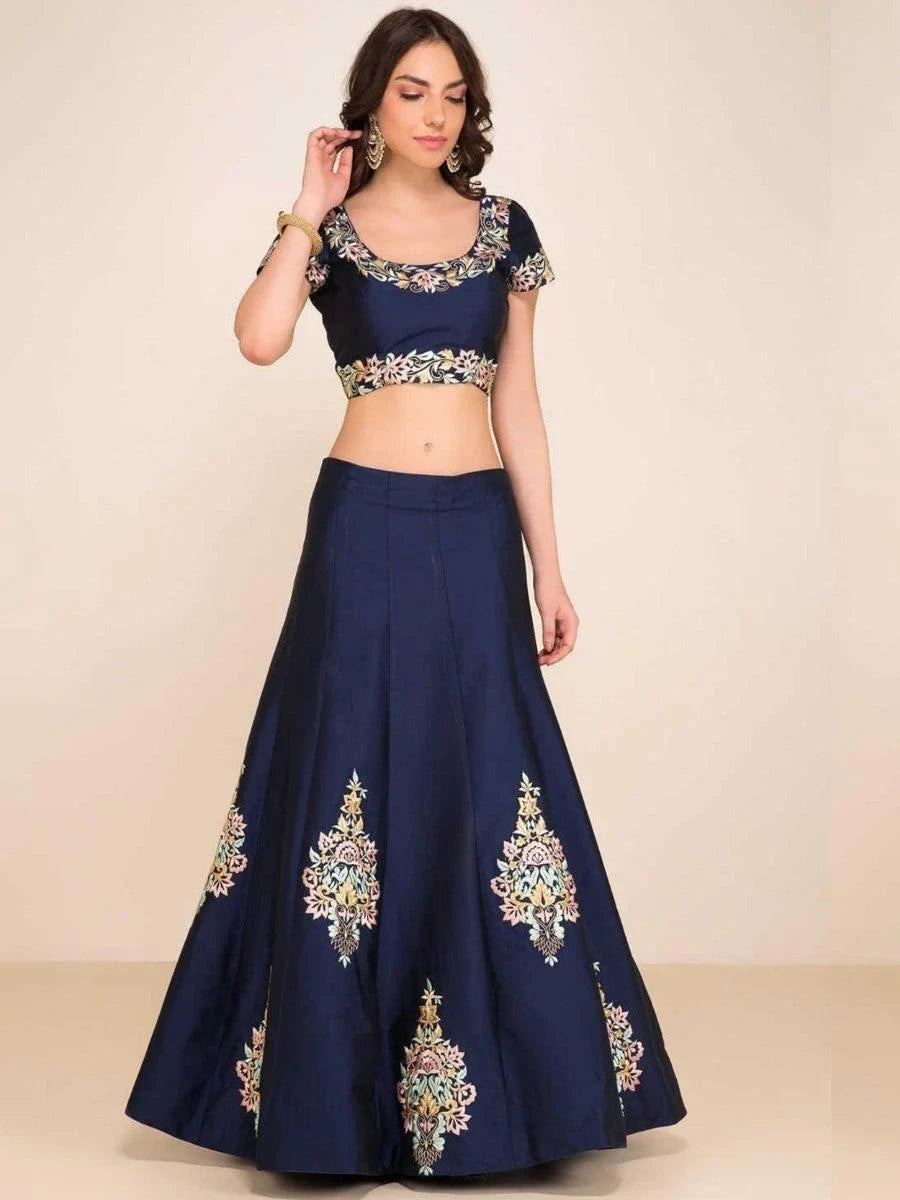 Enticing Navy Blue Embroidered Silk Lehenga Choli With Dupatta