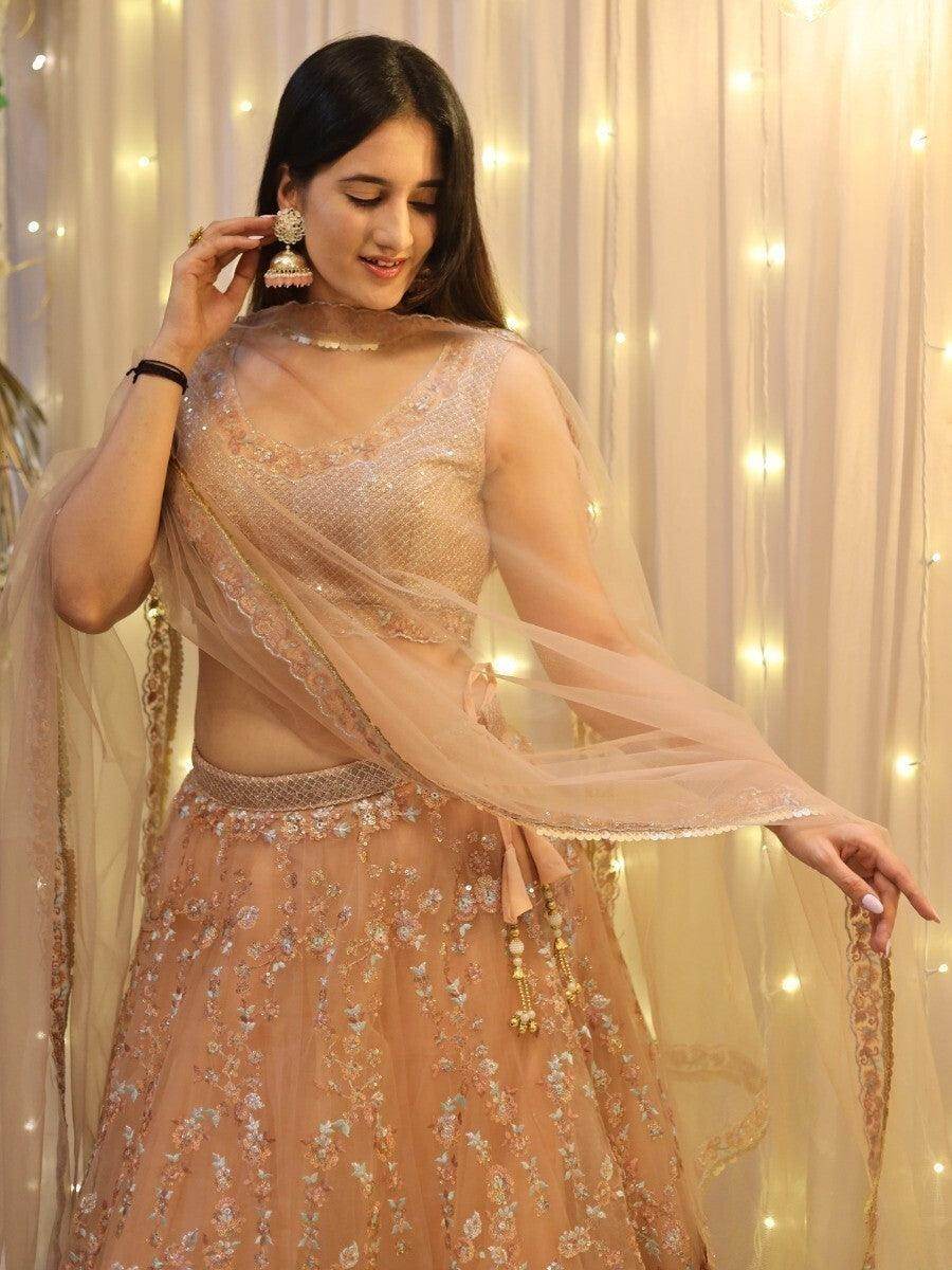 Enticing Peach Sequins Net Wedding Wear Lehenga Choli With Dupatta - Zeel Clothing