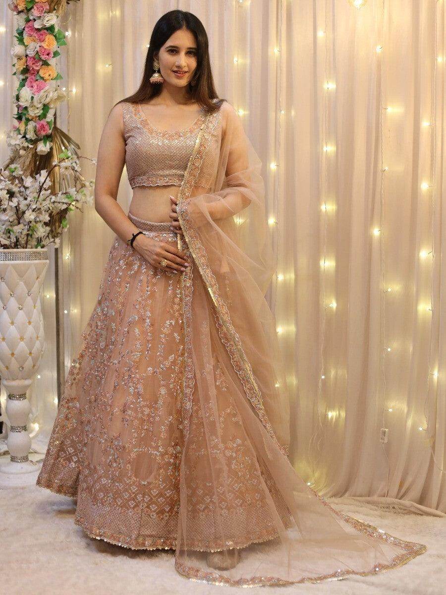 Enticing Peach Sequins Net Wedding Wear Lehenga Choli With Dupatta - Zeel Clothing