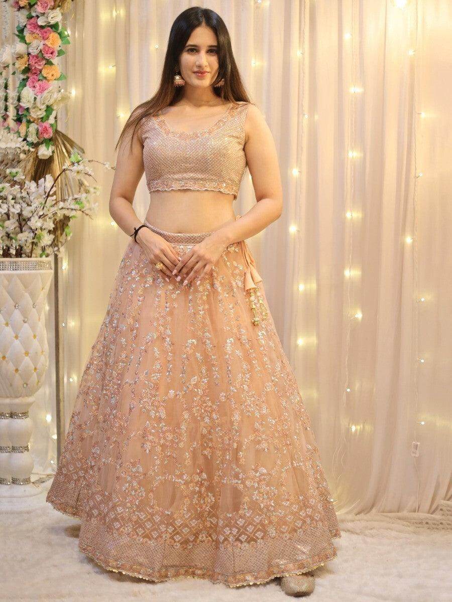 Enticing Peach Sequins Net Wedding Wear Lehenga Choli With Dupatta - Zeel Clothing
