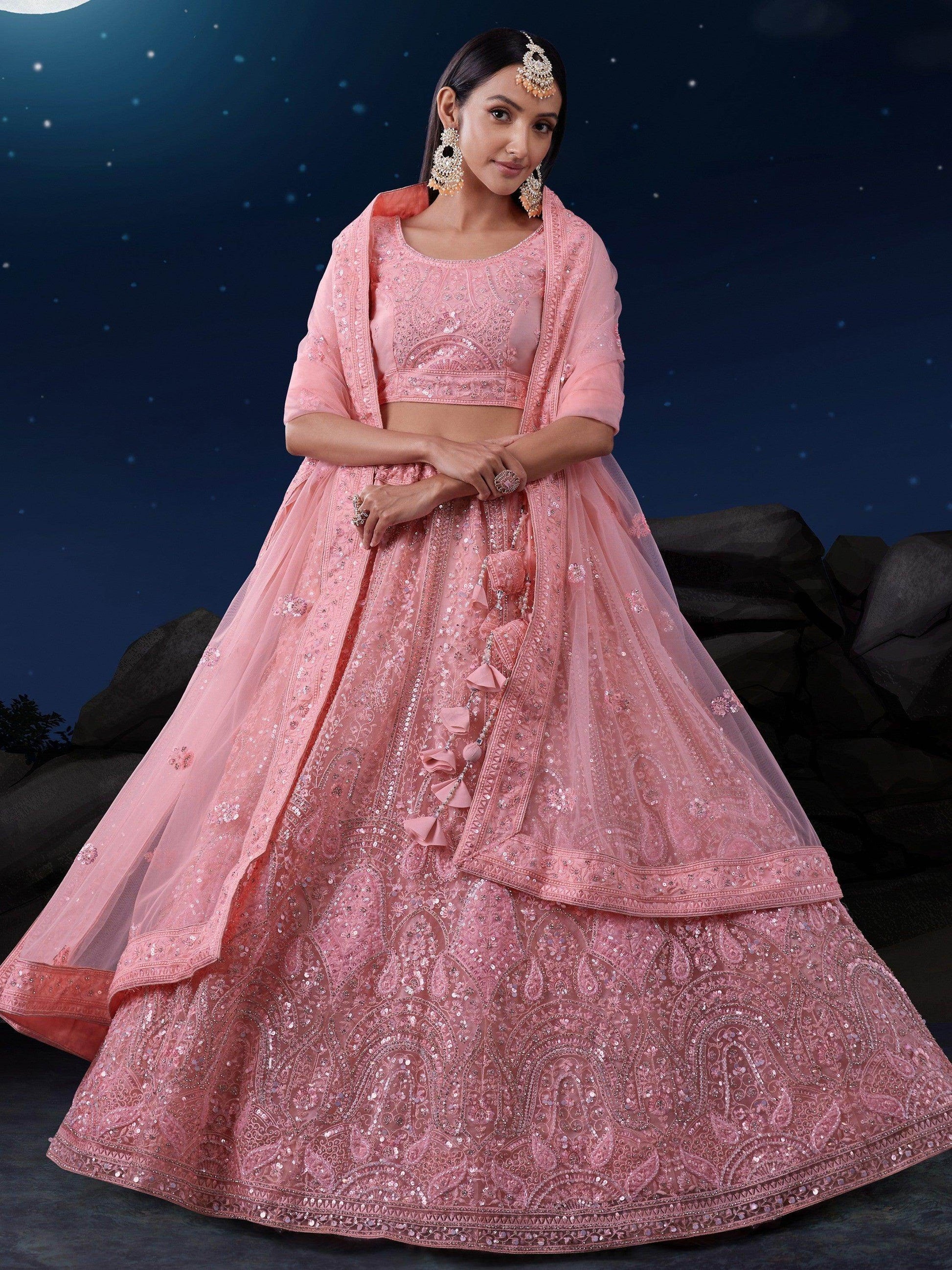 Enticing Pink Sequins Net Wedding Wear Lehenga Choli With Dupatta - Zeel Clothing