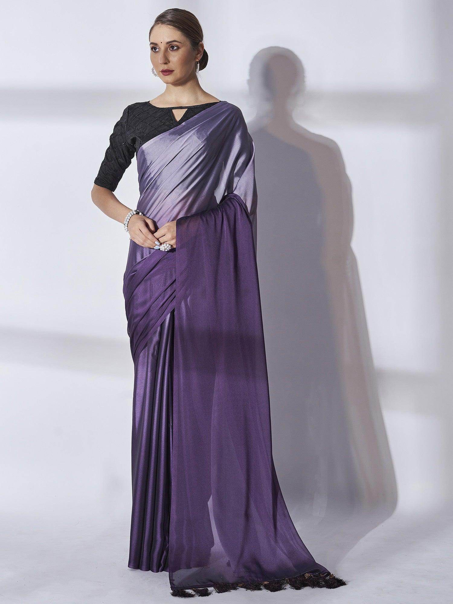 Enticing Purple Chiffon Party Wear Plain Saree With Blouse - Zeel Clothing