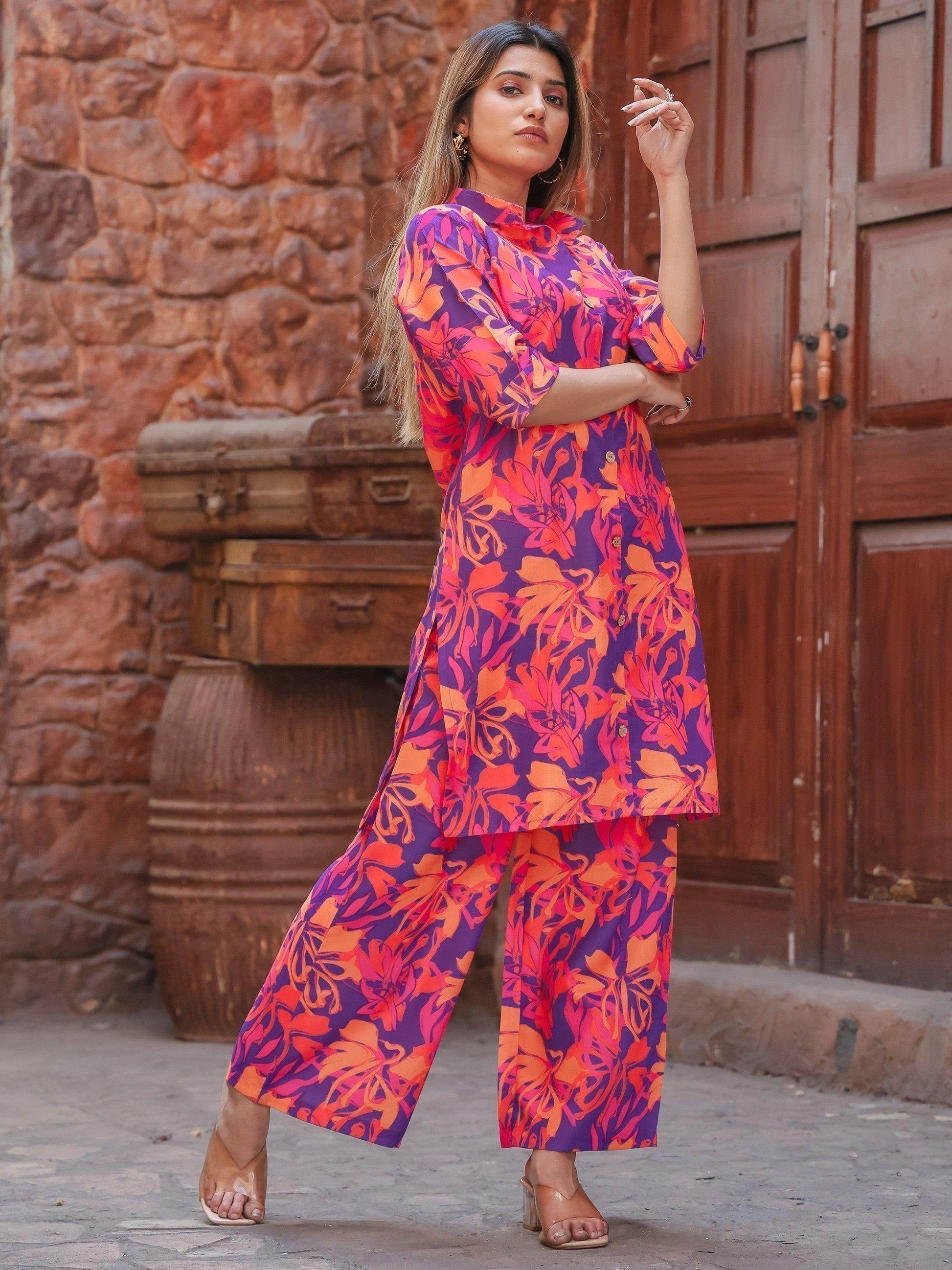 Enticing Purple Digital Printed Cotton Top Palazzo Co-Ord Set - Zeel Clothing