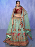 Enticing Turquoise Embroidered Velvet Lehenga Choli With Dupatta - Zeel Clothing