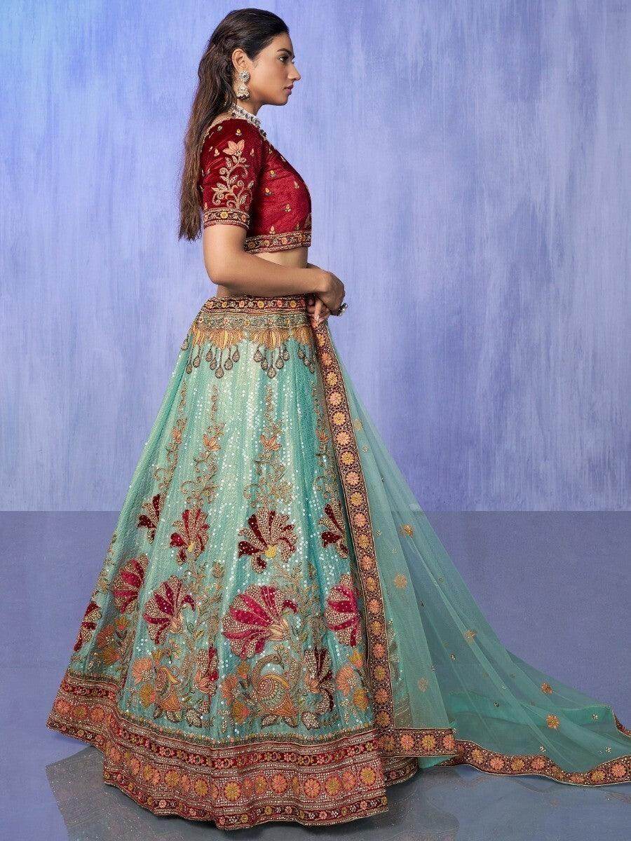 Enticing Turquoise Embroidered Velvet Lehenga Choli With Dupatta - Zeel Clothing