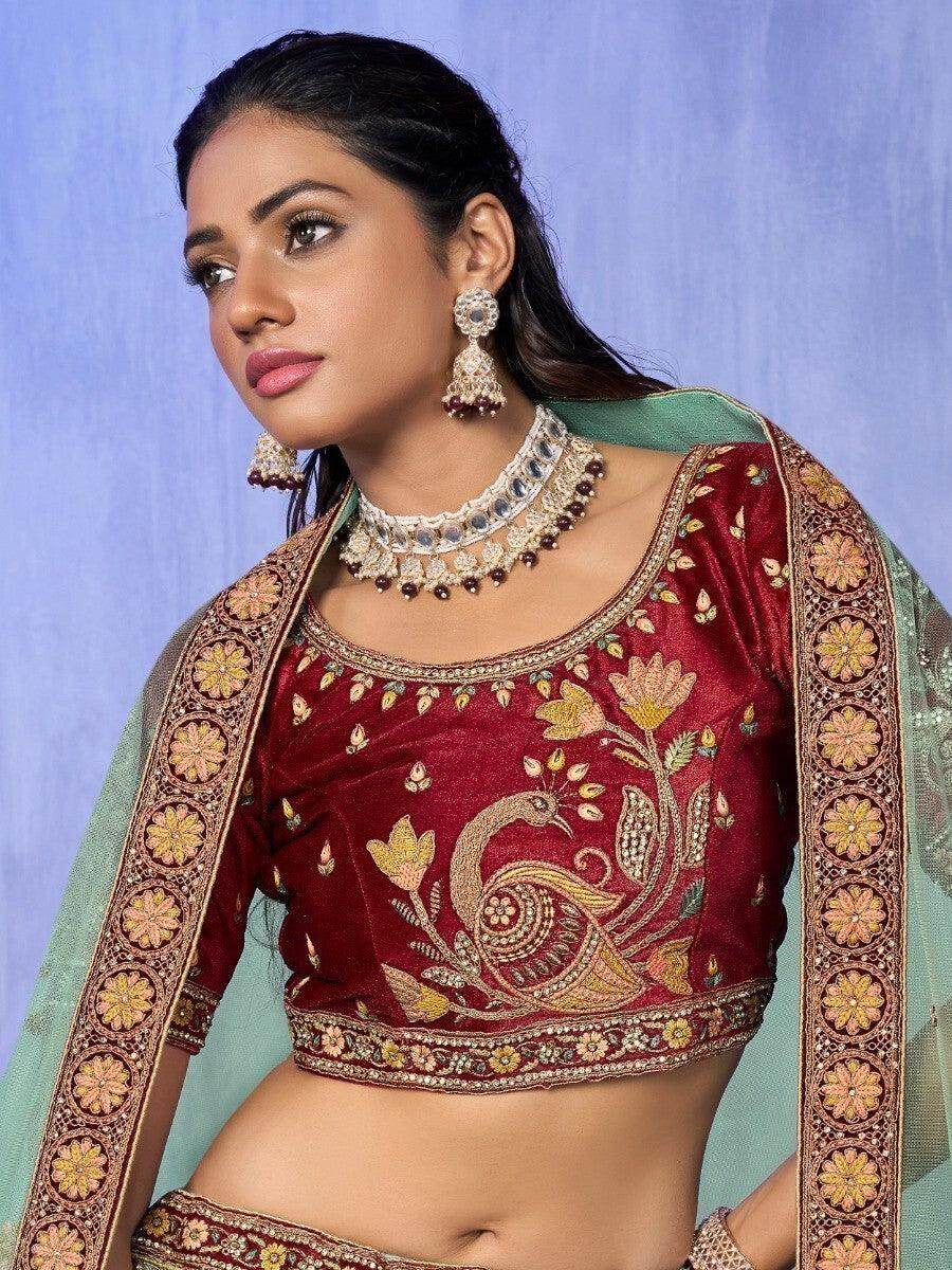Enticing Turquoise Embroidered Velvet Lehenga Choli With Dupatta - Zeel Clothing