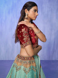 Enticing Turquoise Embroidered Velvet Lehenga Choli With Dupatta - Zeel Clothing
