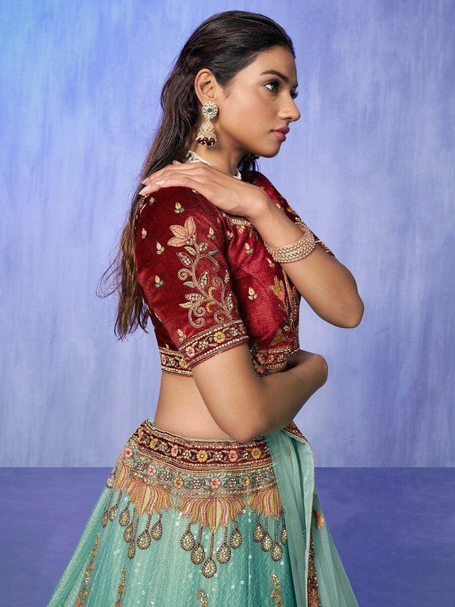 Enticing Turquoise Embroidered Velvet Lehenga Choli With Dupatta - Zeel Clothing