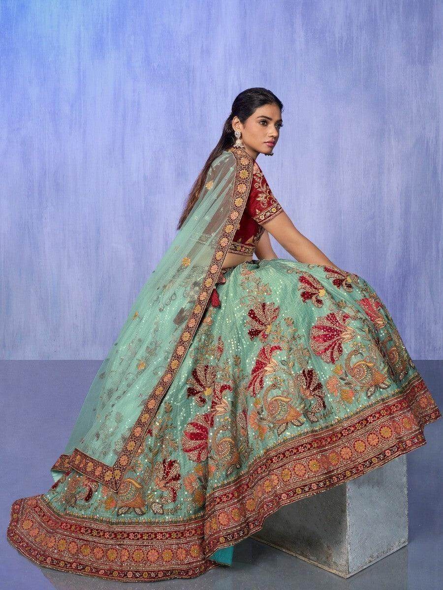 Enticing Turquoise Embroidered Velvet Lehenga Choli With Dupatta - Zeel Clothing