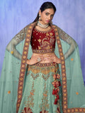 Enticing Turquoise Embroidered Velvet Lehenga Choli With Dupatta - Zeel Clothing
