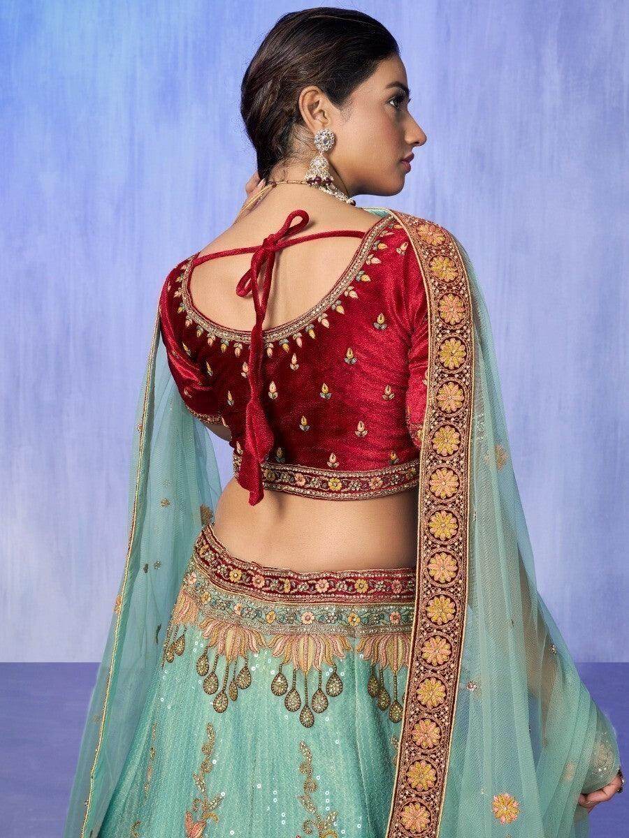 Enticing Turquoise Embroidered Velvet Lehenga Choli With Dupatta - Zeel Clothing