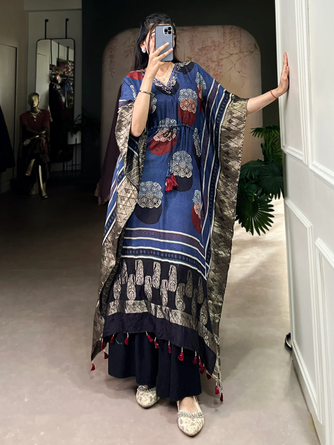 Entrancing Blue Digital Printed Viscose Silk Festive Wear Kaftan