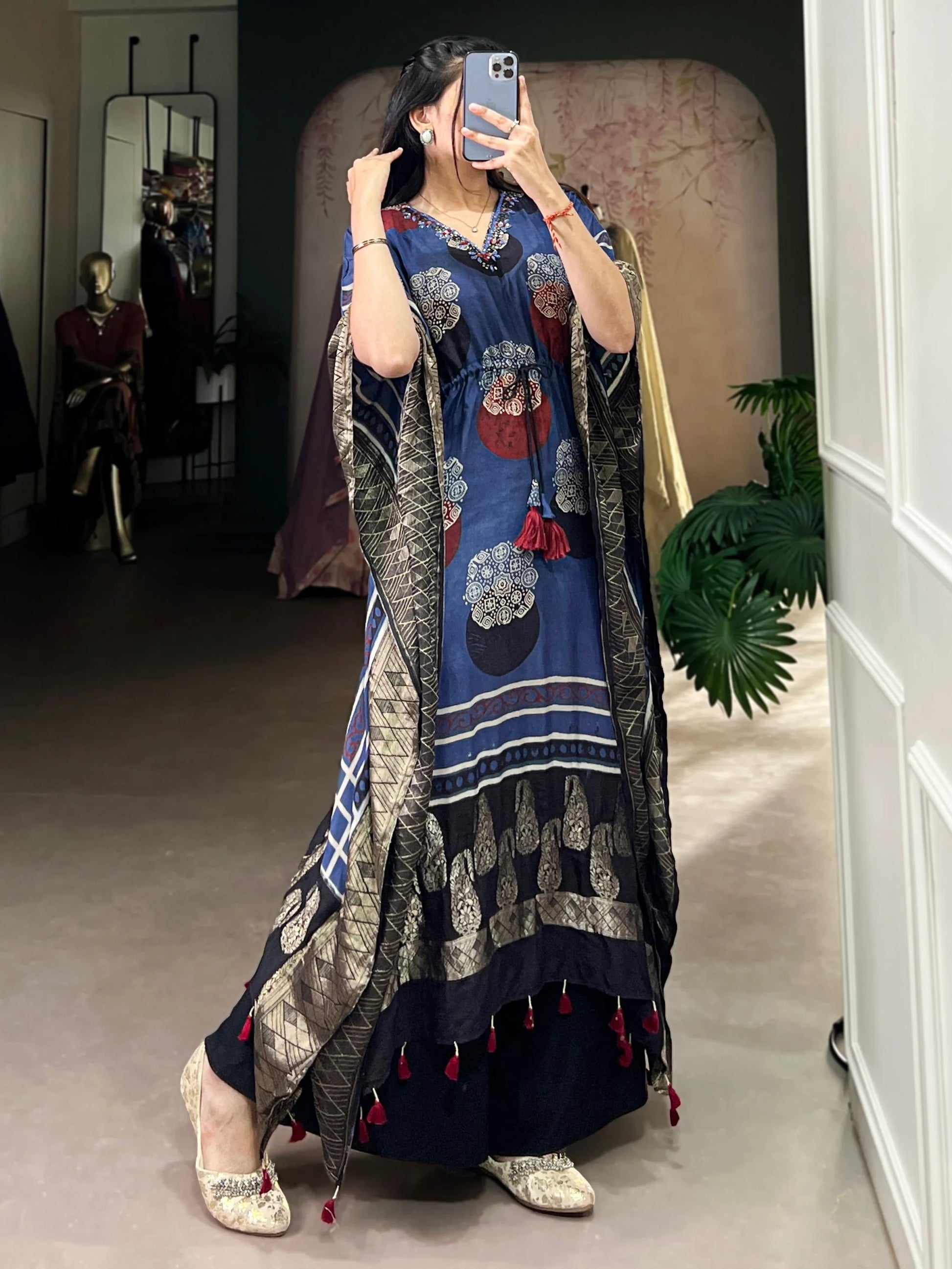 Entrancing Blue Digital Printed Viscose Silk Festive Wear Kaftan