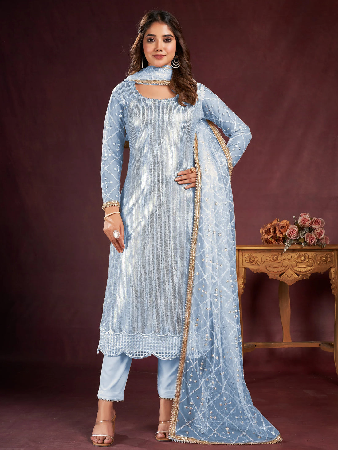 Entrancing Sky-Blue Sequins Net Traditional Salwar Kameez With Dupatta - Zeel Clothing