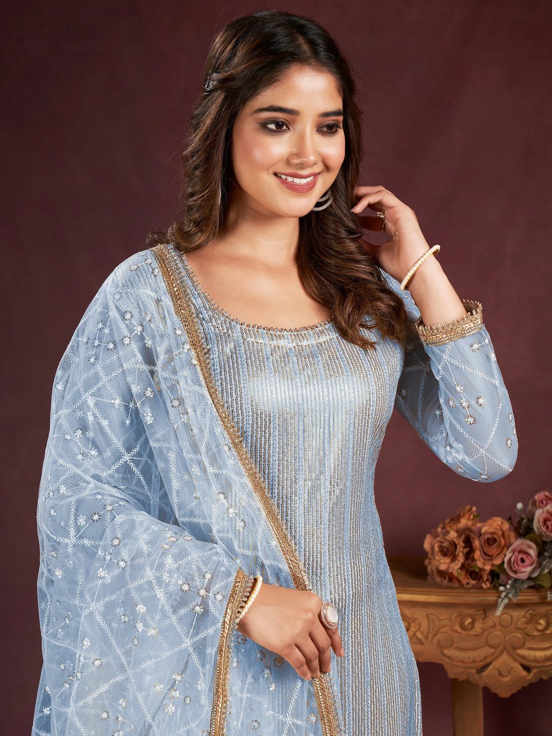 Entrancing Sky-Blue Sequins Net Traditional Salwar Kameez With Dupatta - Zeel Clothing