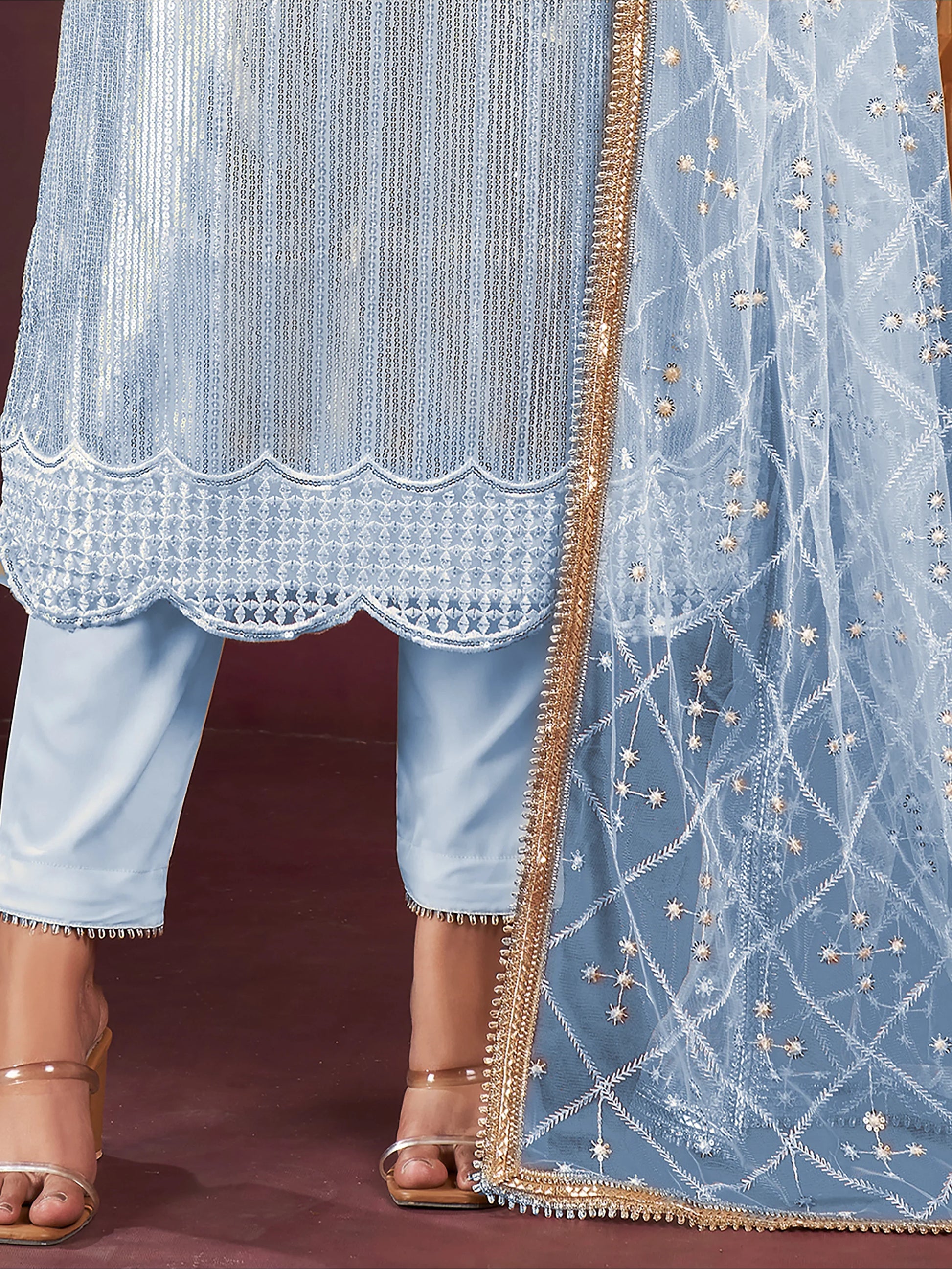 Entrancing Sky-Blue Sequins Net Traditional Salwar Kameez With Dupatta - Zeel Clothing