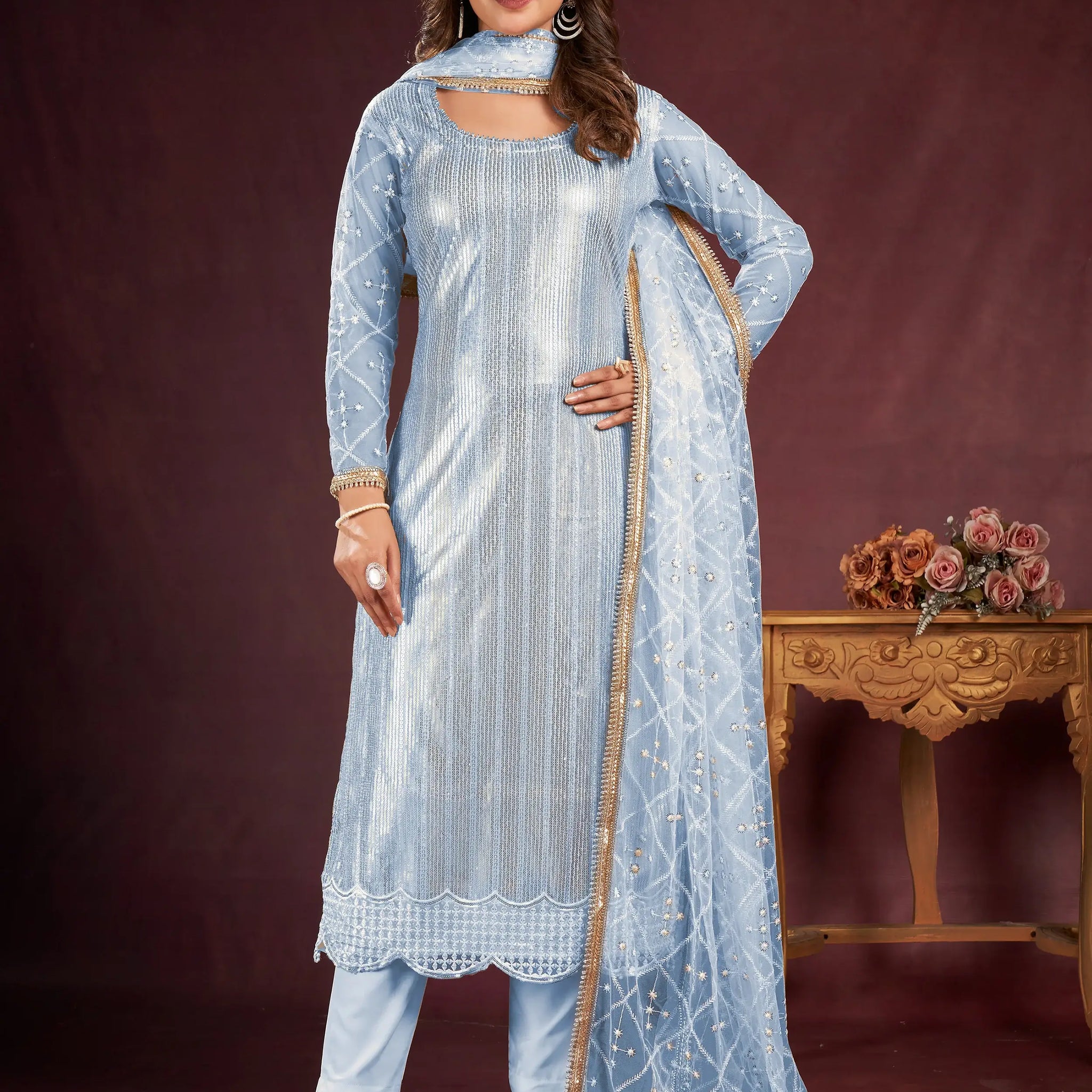 Entrancing Sky-Blue Sequins Net Traditional Salwar Kameez With Dupatta - Zeel Clothing