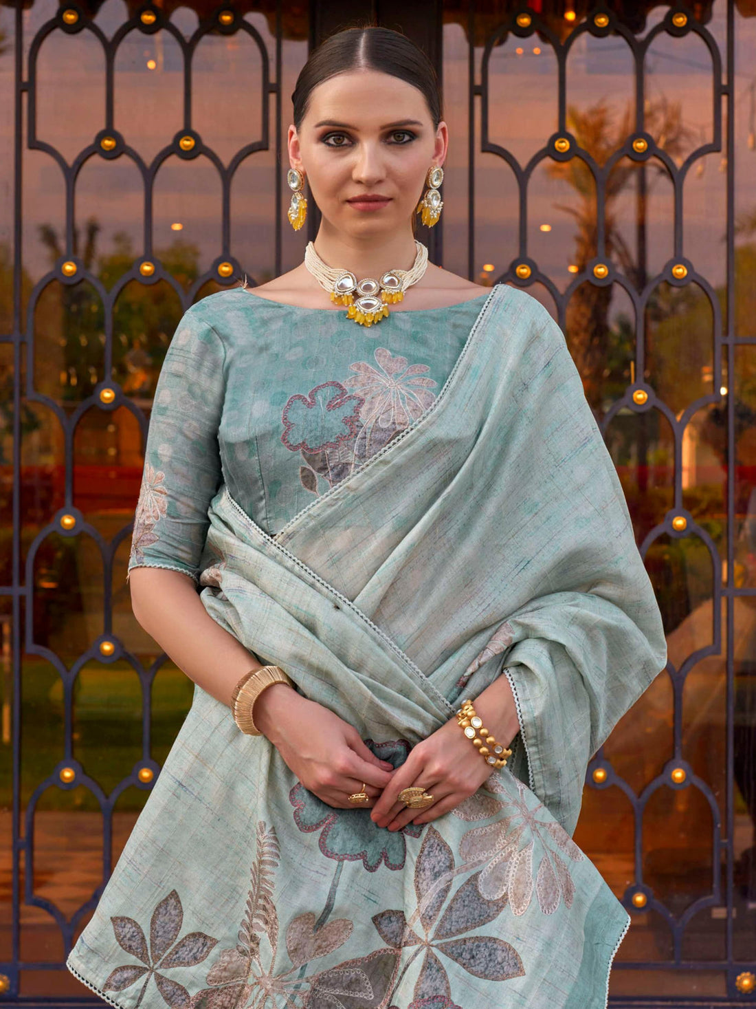 Gorgeous Sky Blue Printed Silk Event Wear Saree With Blouse