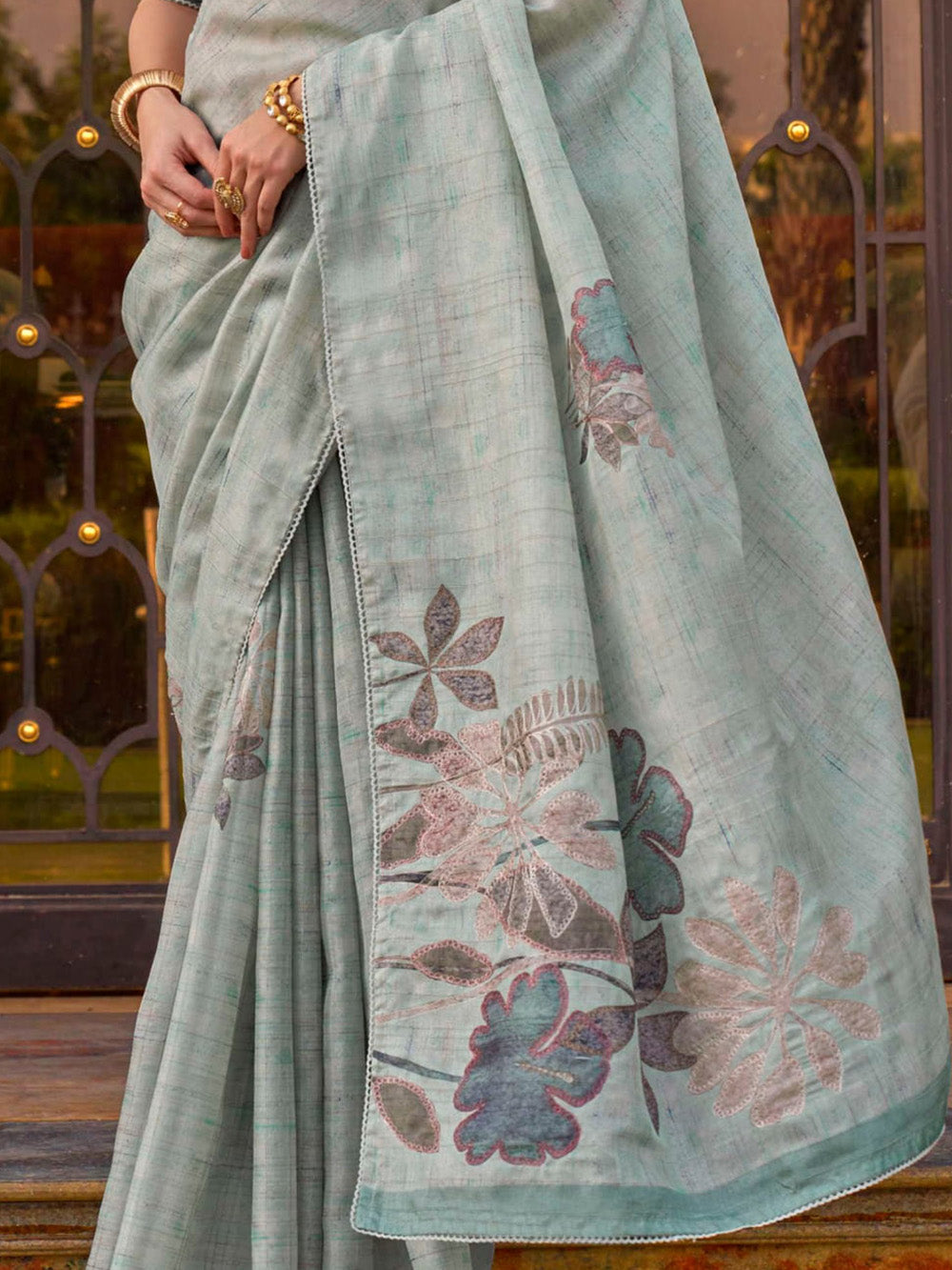 Gorgeous Sky Blue Printed Silk Event Wear Saree With Blouse