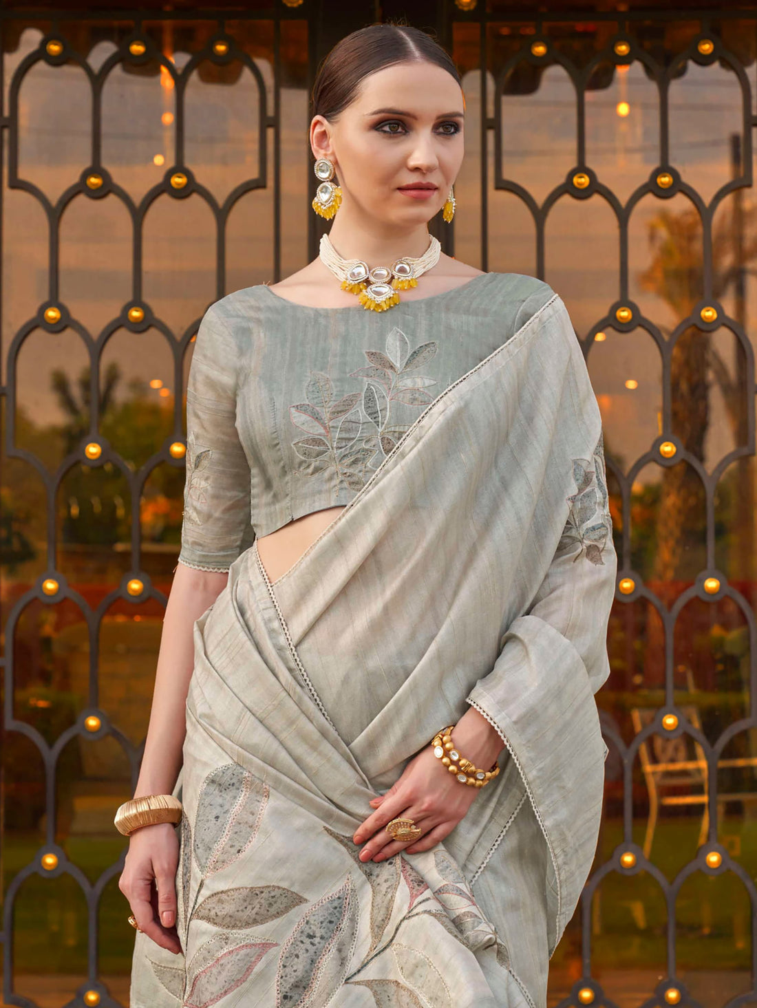 Marvelous Grey Printed Silk Event Wear Saree With Blouse