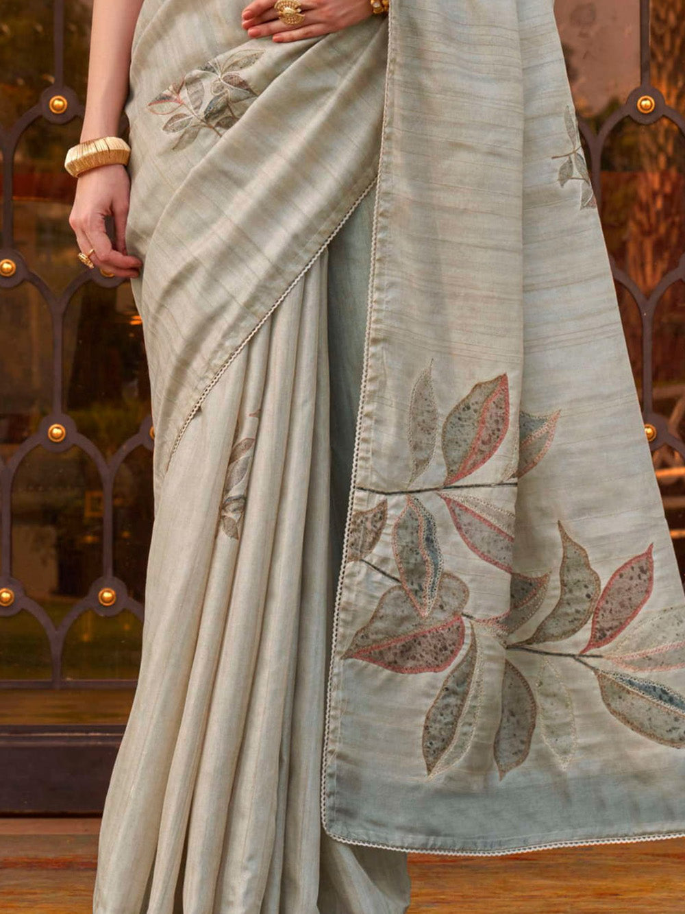 Marvelous Grey Printed Silk Event Wear Saree With Blouse