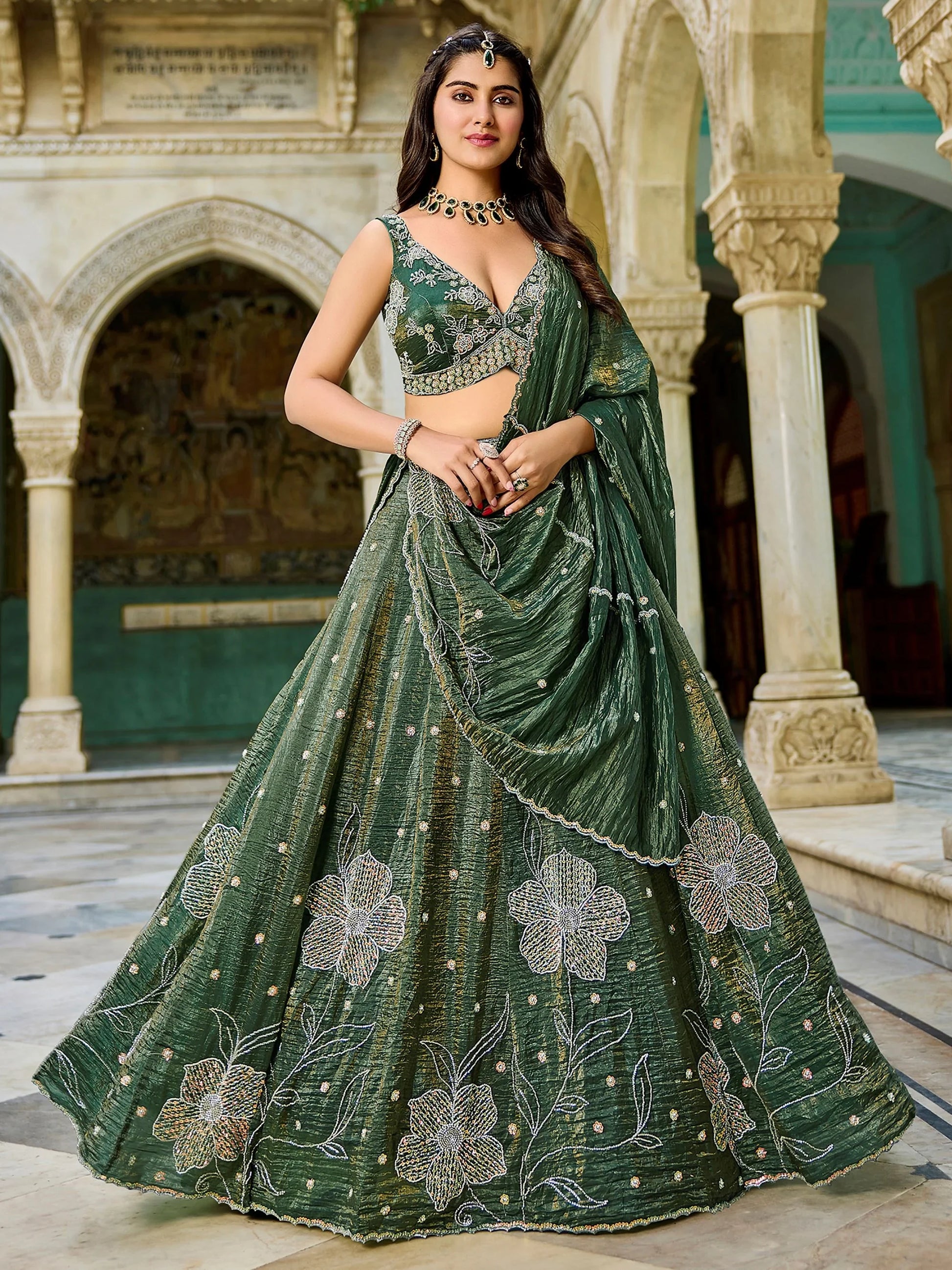 Esthetic Green Hand Embroidery Crush Mehendi Wear Lehenga Choli With Dupatta
