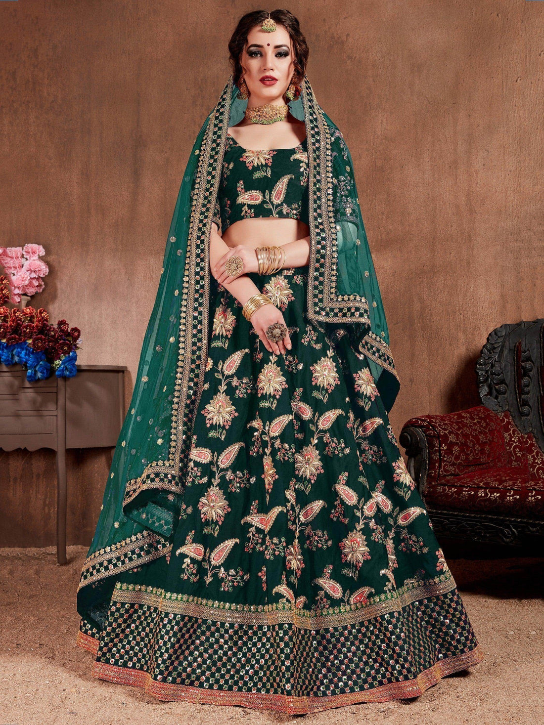 Ethnic Dark Green Colored Bridal Wear Designer Embroidered Lehenga choli - Zeel Clothing