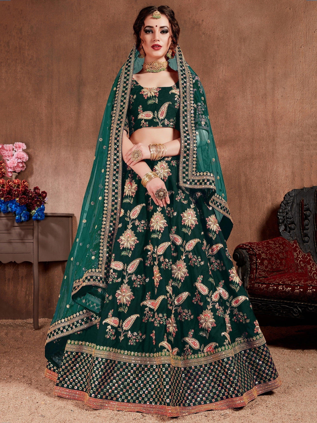 Ethnic Dark Green Colored Bridal Wear Designer Embroidered Lehenga choli