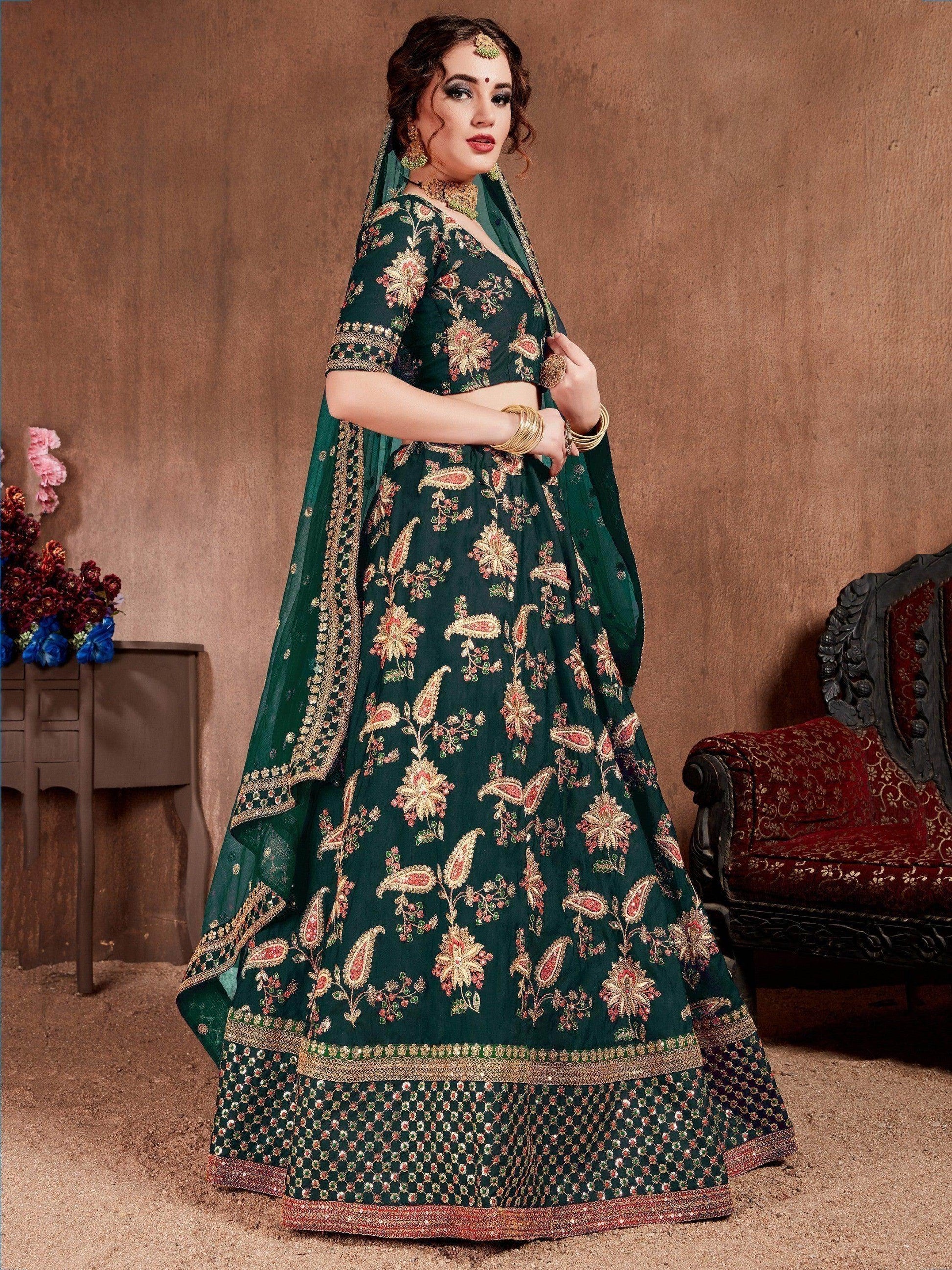 Ethnic Dark Green Colored Bridal Wear Designer Embroidered Lehenga choli - Zeel Clothing