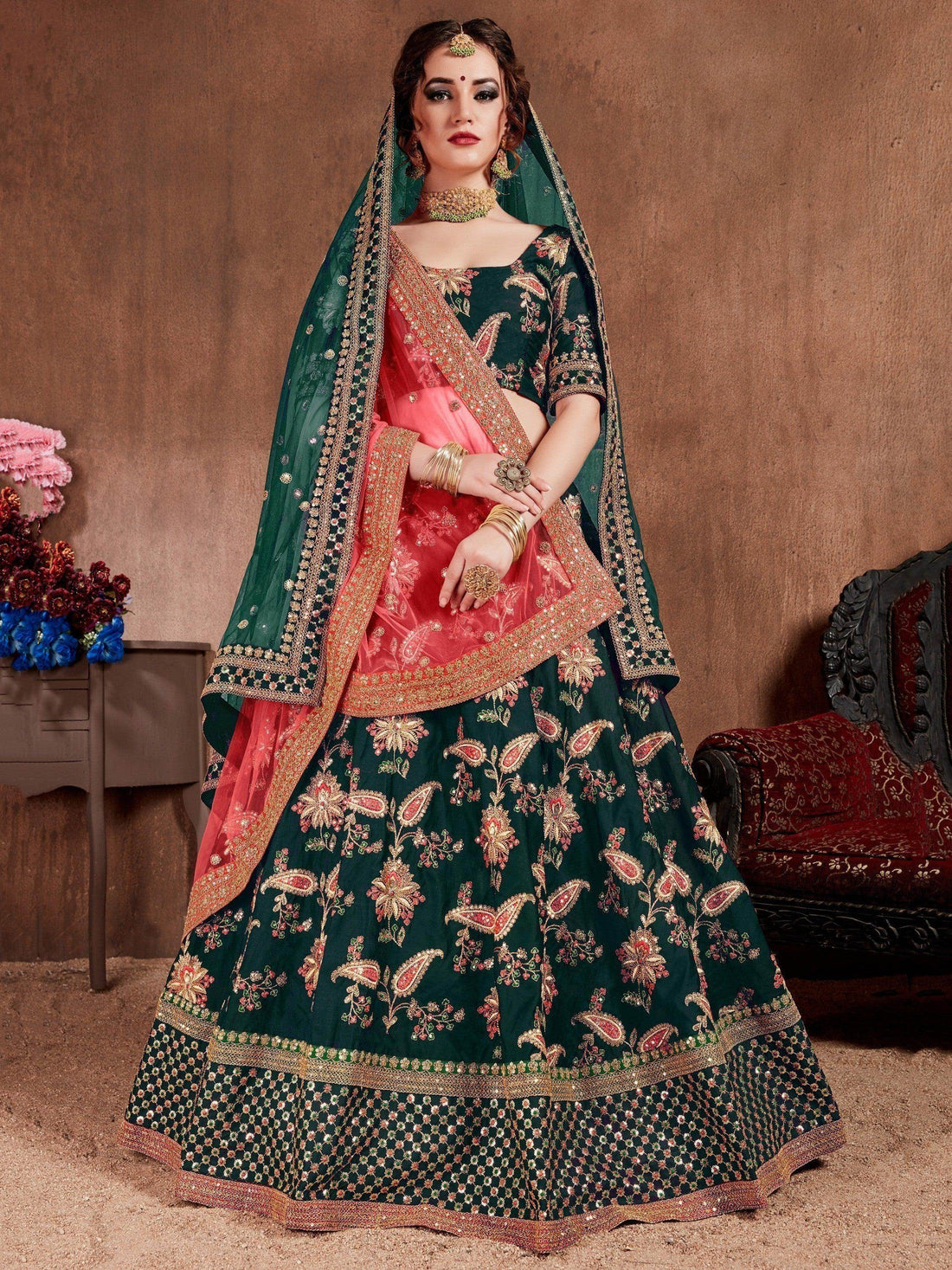 Ethnic Dark Green Colored Bridal Wear Designer Embroidered Lehenga choli - Zeel Clothing