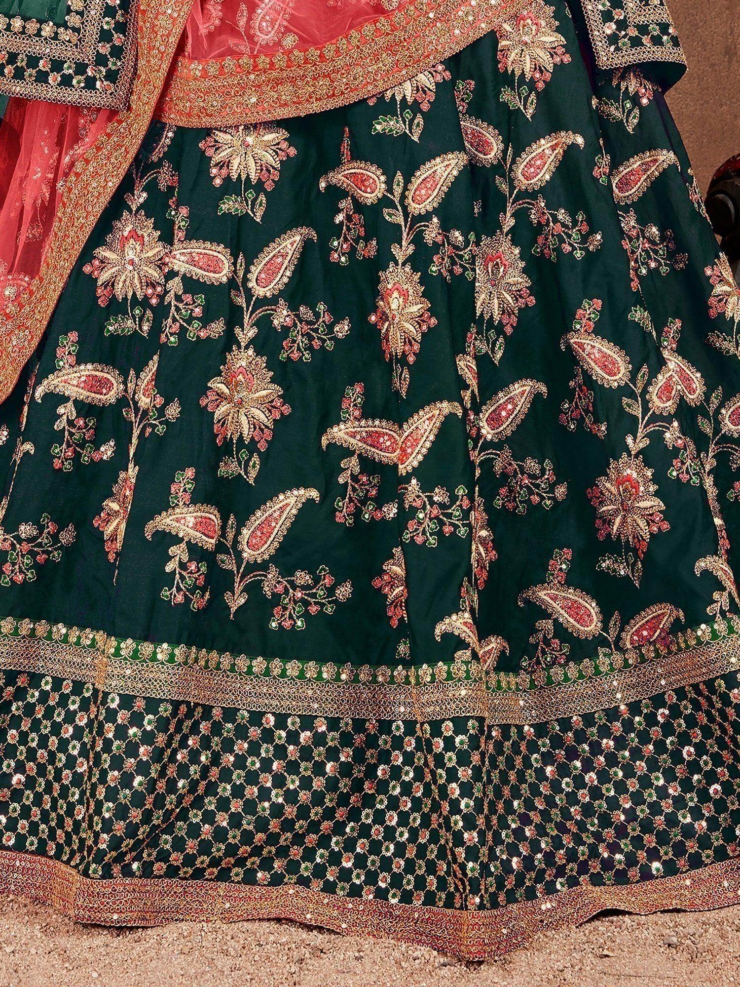 Ethnic Dark Green Colored Bridal Wear Designer Embroidered Lehenga choli - Zeel Clothing