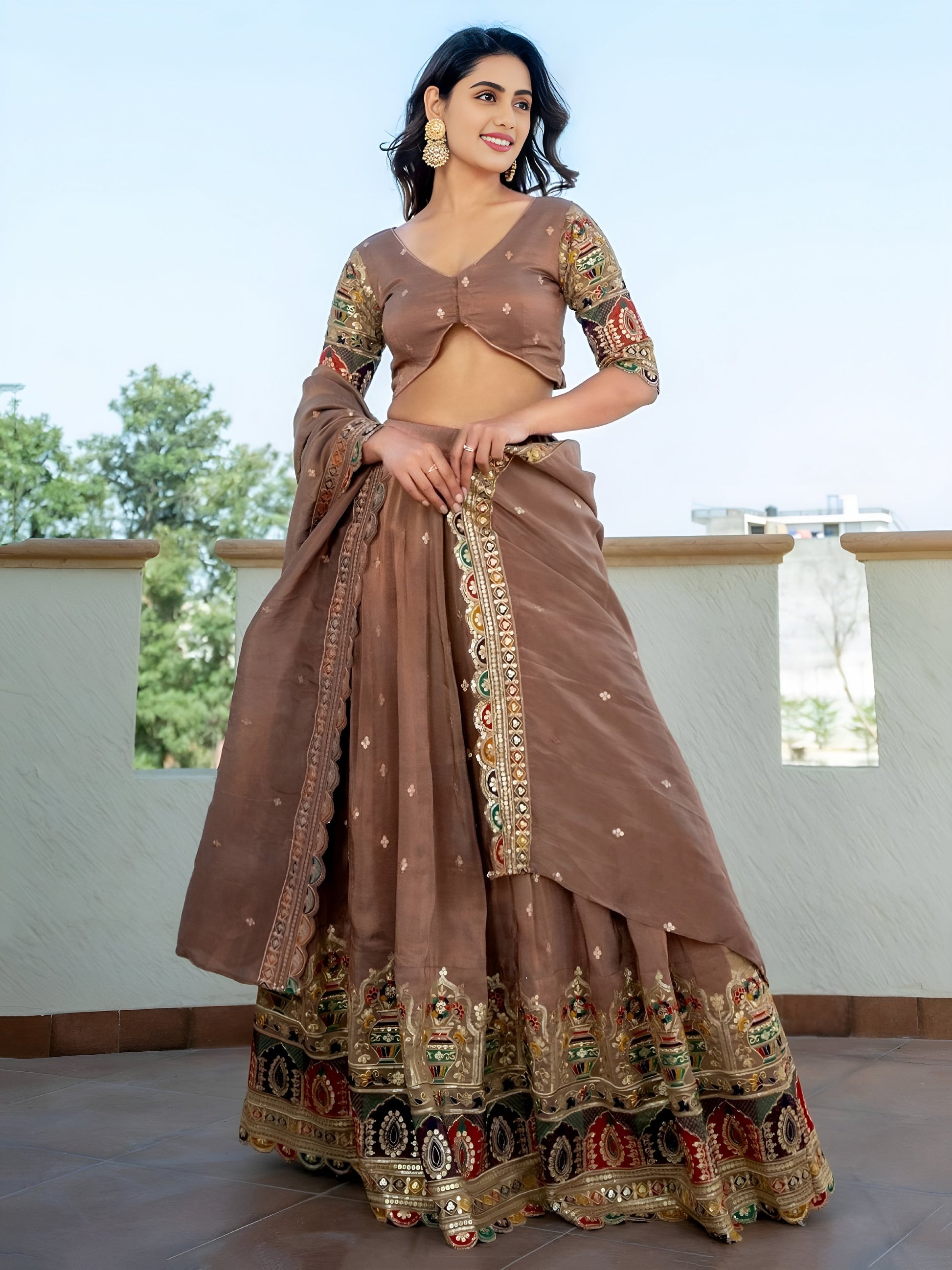 Excellent Beige Thread Embroidery Silk Engagement Wear Lehenga Choli - Zeel Clothing