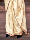 Excellent Beige Zari Weaving Satin Wedding Wear Saree With Blouse - Zeel Clothing