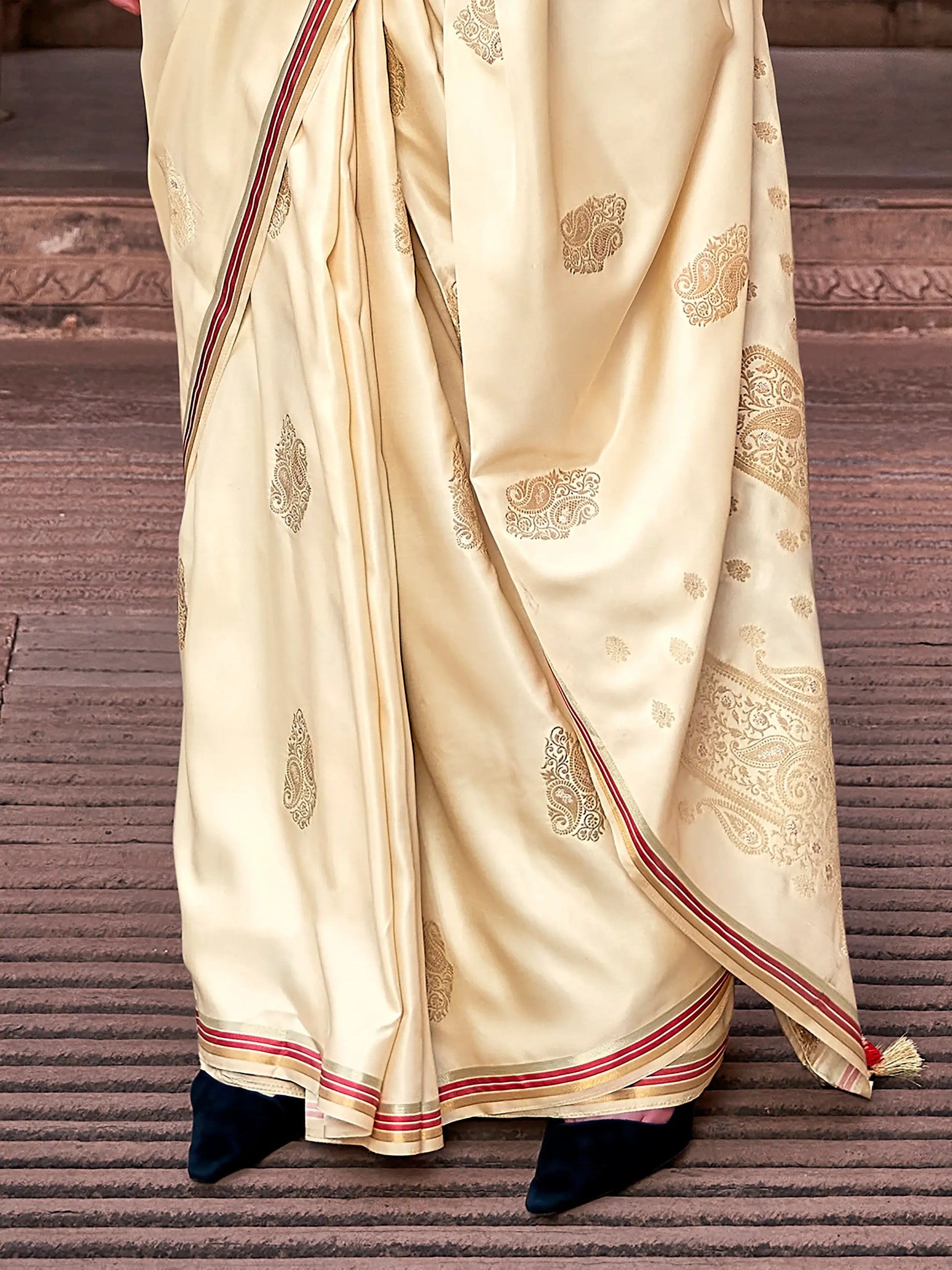 Excellent Beige Zari Weaving Satin Wedding Wear Saree With Blouse - Zeel Clothing