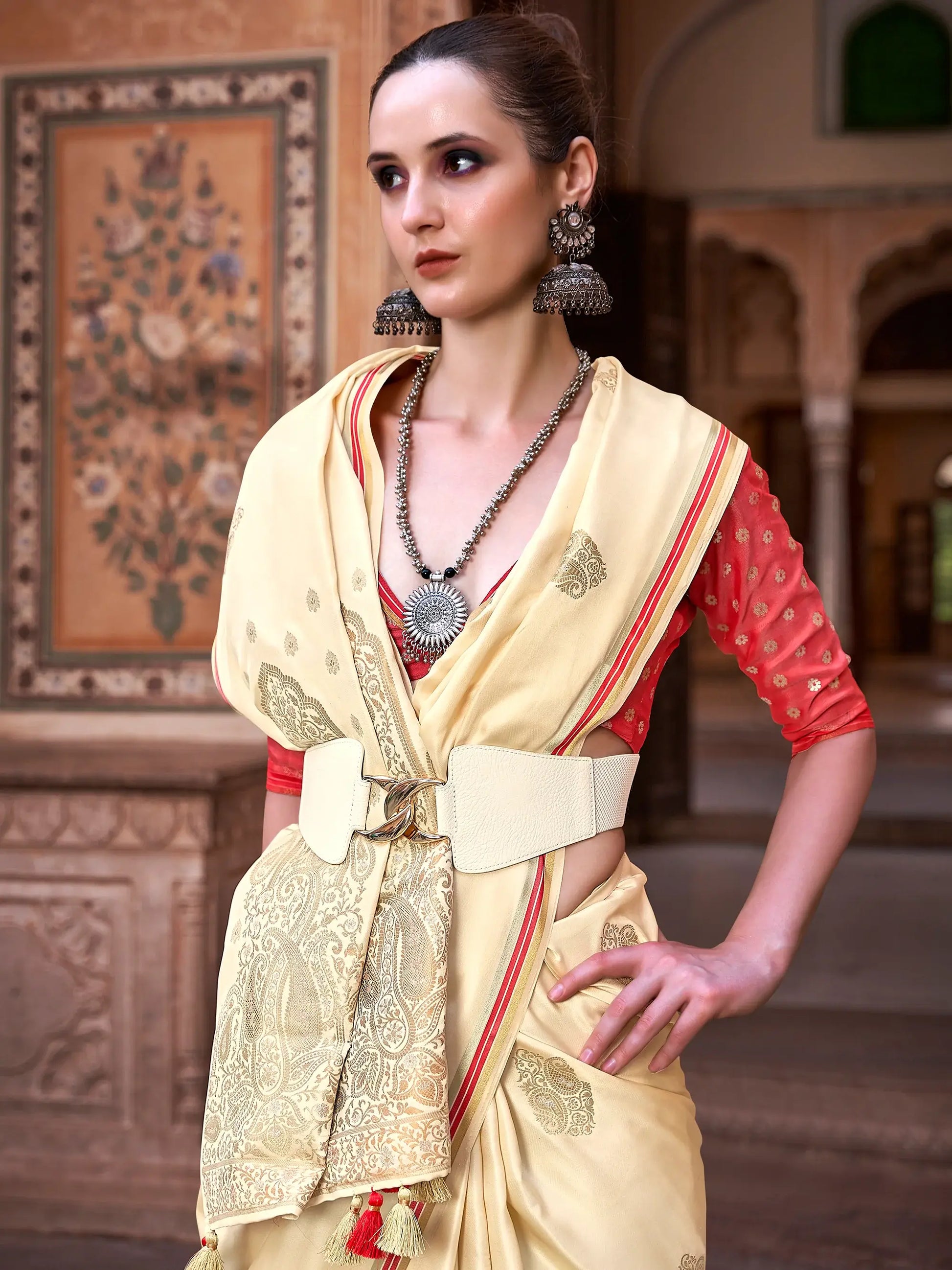 Excellent Beige Zari Weaving Satin Wedding Wear Saree With Blouse - Zeel Clothing