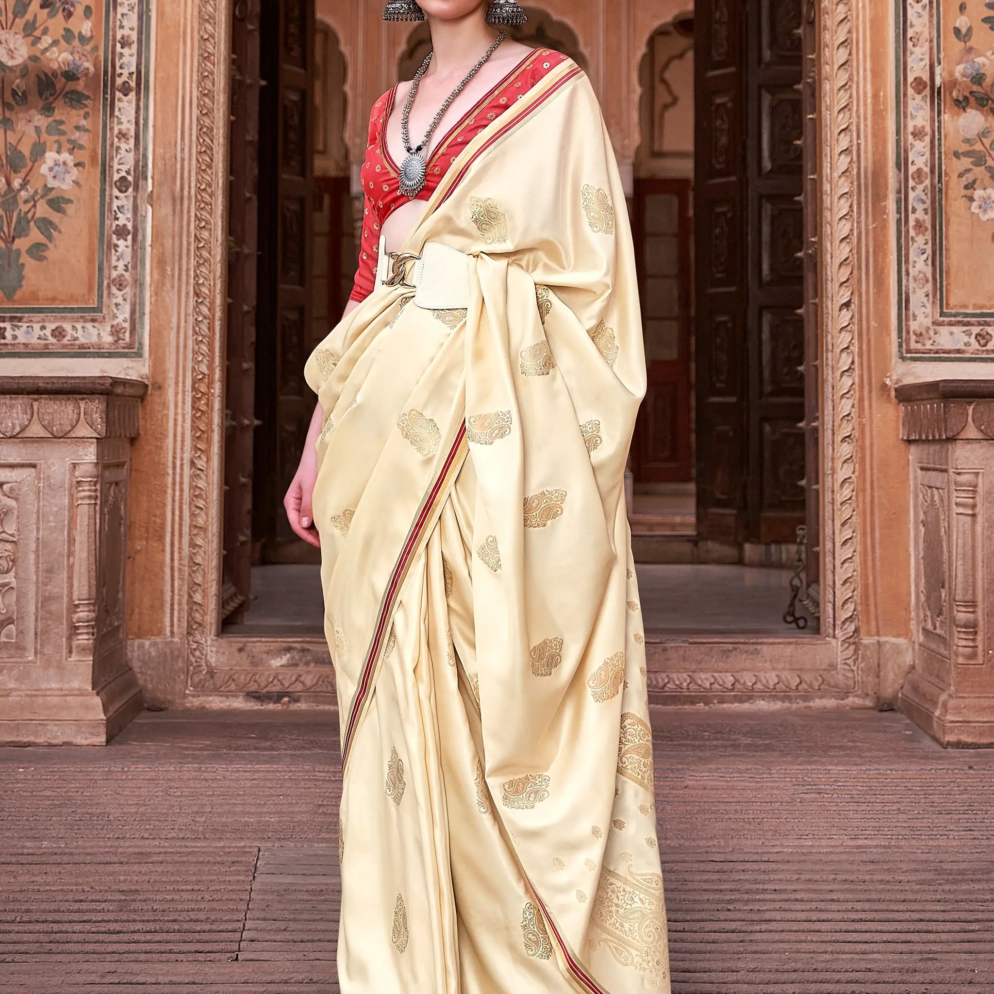 Excellent Beige Zari Weaving Satin Wedding Wear Saree With Blouse - Zeel Clothing