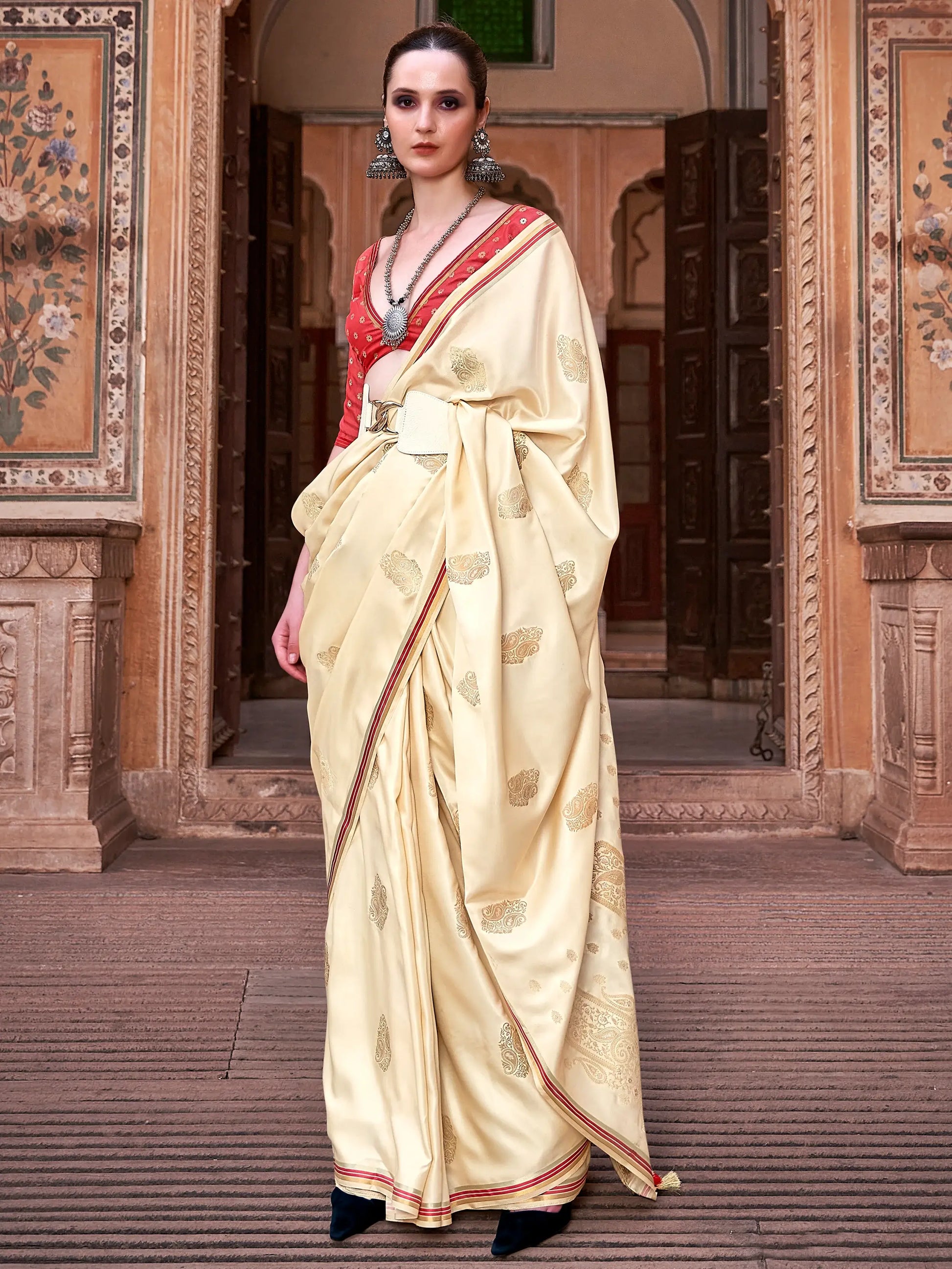Excellent Beige Zari Weaving Satin Wedding Wear Saree With Blouse - Zeel Clothing