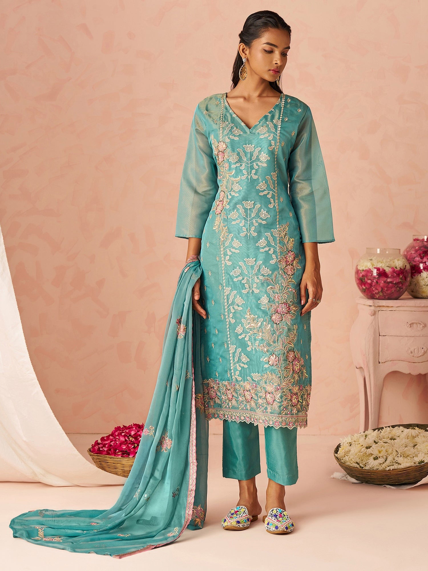 Excellent Blue Embroidered Organza Evening Wear Straight Pant Suit With Dupatta