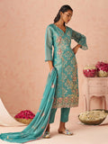 Excellent Blue Embroidered Organza Evening Wear Straight Pant Suit With Dupatta