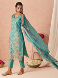 Excellent Blue Embroidered Organza Evening Wear Straight Pant Suit With Dupatta