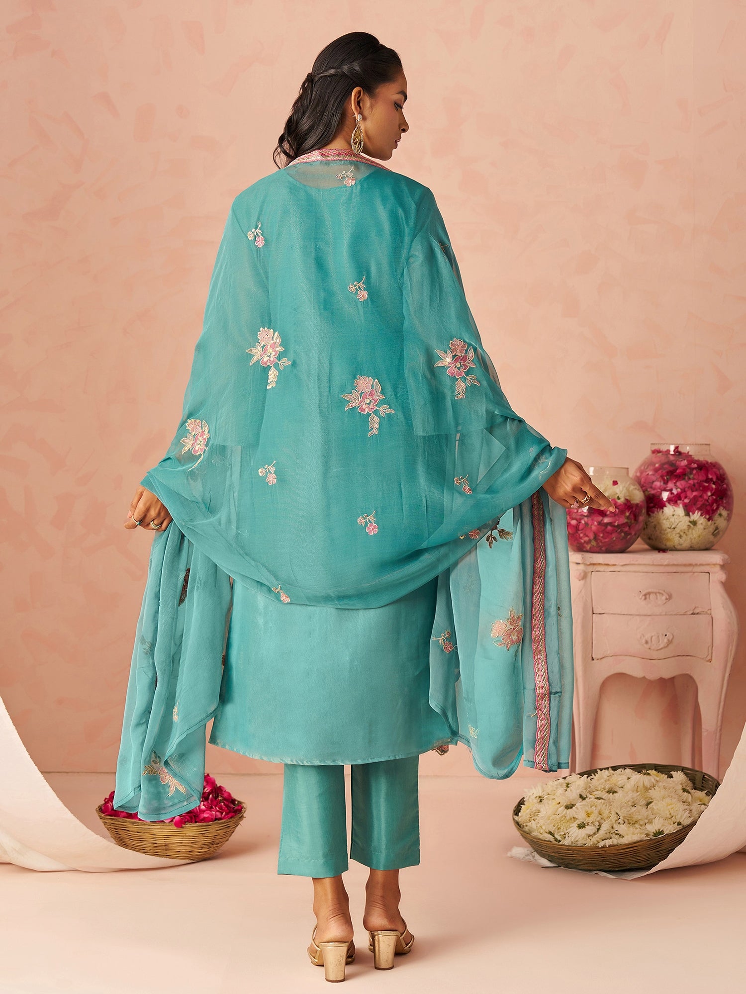 Excellent Blue Embroidered Organza Evening Wear Straight Pant Suit With Dupatta