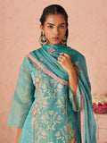 Excellent Blue Embroidered Organza Evening Wear Straight Pant Suit With Dupatta