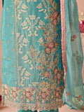 Excellent Blue Embroidered Organza Evening Wear Straight Pant Suit With Dupatta