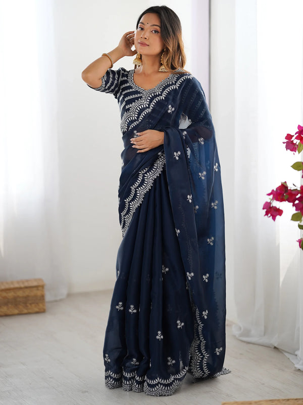 Excellent Blue Sequins Organza Party Wear Saree With Blouse - Zeel Clothing