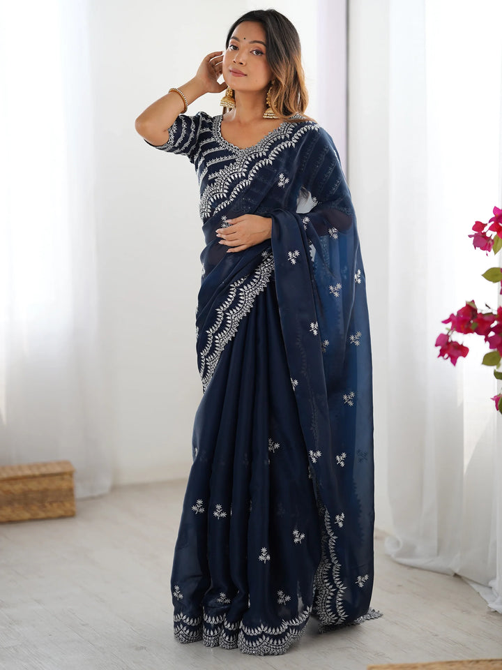 Excellent Blue Sequins Organza Party Wear Saree With Blouse - Zeel Clothing