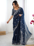 Excellent Blue Sequins Organza Party Wear Saree With Blouse - Zeel Clothing